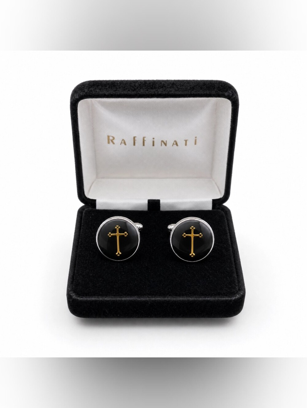 Raffinati Black & Gold Religious Cross Round Silver Tone Cufflinks